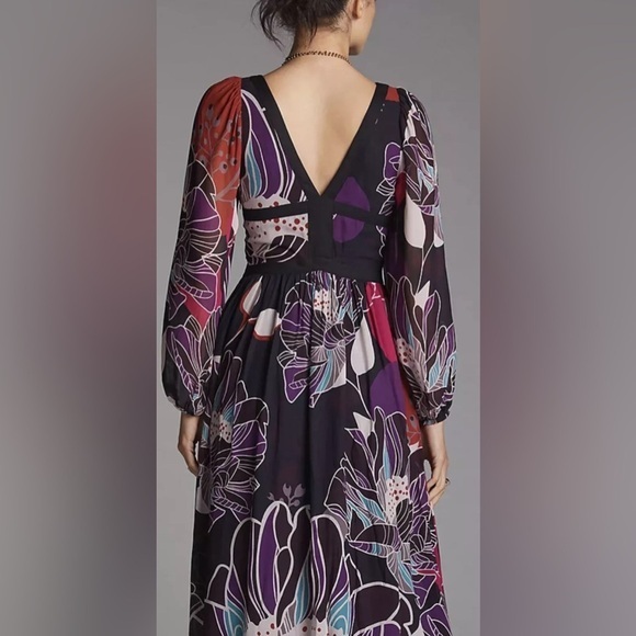 Anthropologie Let Me Be Floral Midi Dress Bold Print Purple Black SIZE MEDIUM - Picture 2 of 14